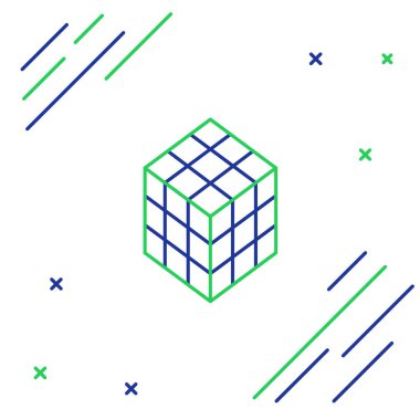 Beyaz arkaplanda çizgi rubik küp simgesi izole edildi. Mekanik yapboz oyuncağı. Rubik 'in 3 boyutlu küp kombinasyon bulmacası. Renkli taslak konsepti. Vektör.