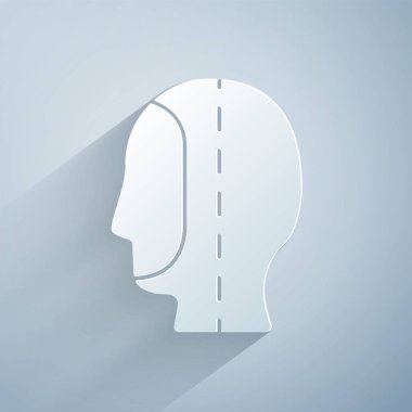 Kağıt kesiği kaput simgesi gri arkaplanda izole edildi. Zıpkınla balık avlama şapkası. Su altı ekipmanları. Kağıt sanatı tarzı. Vektör.