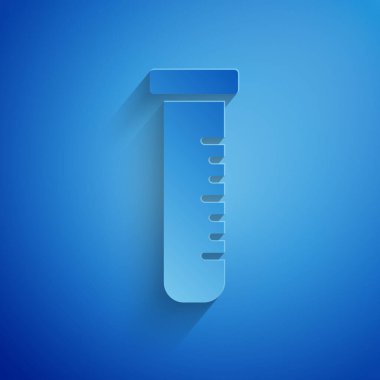 Kağıt kesiği Test tüpü ve matara kimyasal test ikonu mavi arka planda izole edildi. Laboratuvar cam levhası. Kağıt sanatı tarzı. Vektör.