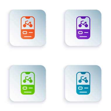 Renkli bisiklet kiralama mobil uygulama simgesi beyaz arkaplanda izole edildi. Şehirde bisiklet kiralamak için iyi bir servis. Paylaşım sistemi için mobil uygulama. Kare düğmelere renkli simgeleri yerleştir. Vektör.