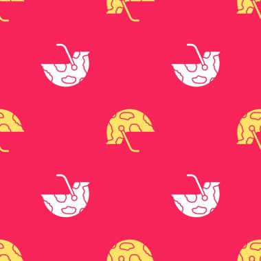 Sarı Askeri miğfer ikonu kırmızı arka planda izole edilmiş kusursuz desen. Ordu şapkasının savunma ve koruma sembolü. Koruyucu şapka. Vektör.