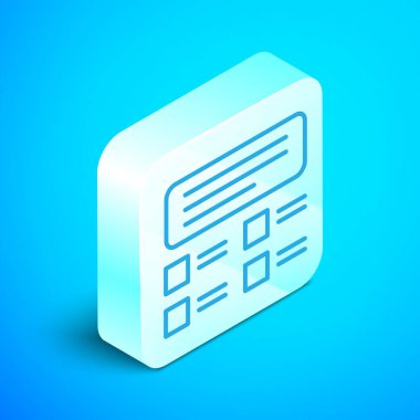 Isometric satır Online quiz, test, araştırma veya kontrol listesi simgesi mavi arkaplanda izole edildi. Sınav listesi. E-eğitim konsepti. Gümüş kare düğme. Vektör İllüstrasyonu.