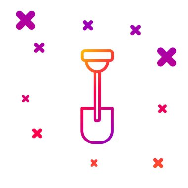 Beyaz arkaplanda renk çizgisi kürek simgesi izole edildi. Bahçe aletleri. Bahçecilik, tarım, çiftçilik aleti. Kademeli rastgele dinamik şekiller. Vektör.