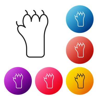 Siyah çizgi Paw yazdırma simgesi beyaz arkaplanda izole edildi. Köpek ya da kedi pençesi izi. Hayvan izleri. Renkli daire düğmelerini ayarlayın. Vektör.