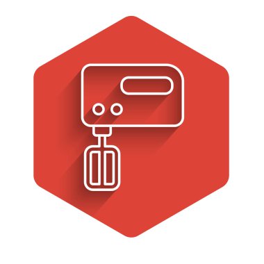 Beyaz çizgi elektrikli karıştırıcı ikonu uzun gölgeli izole edilmiş. Mutfak blenderi. Kırmızı altıgen düğmesi. Vektör.