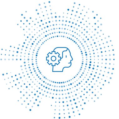 Mavi çizgi İnsansı robot simgesi beyaz arkaplanda izole edildi. Yapay zeka, makine öğrenme, bulut hesaplama. Soyut çember rastgele noktalar. Vektör.