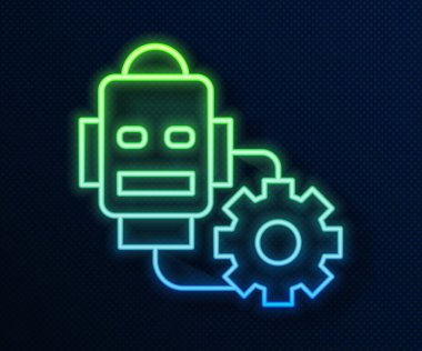 Parlayan neon hattı robotu mavi arkaplanda izole edilmiş bir simge ayarlıyor. Yapay zeka, makine öğrenme, bulut hesaplama. Vektör.