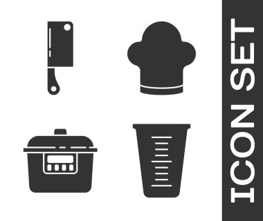 Ölçme kabı, et helikopteri, Yavaş Fırın ve Şef şapkası simgesini ayarlayın. Vektör.