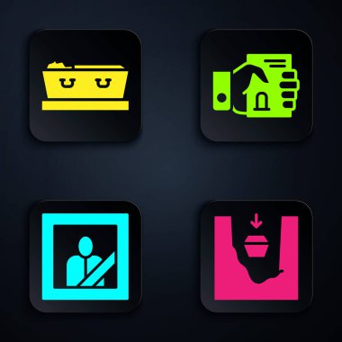 Tabut 'u mezara, Tabut' u ölü, yas tutan fotoğraf çerçevesi ve ölüm belgesiyle birlikte koy. Siyah kare düğme. Vektör.