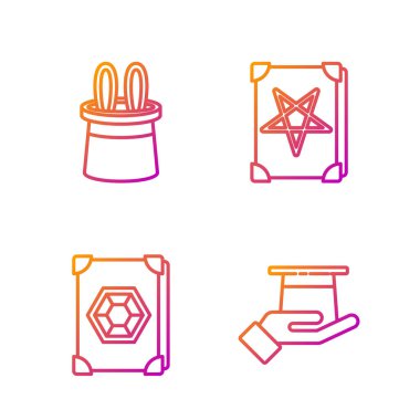 Sihirbaz şapkası, Antik sihirli kitap, sihirbaz şapkası, tavşan kulağı ve Antik büyü kitabı. Renk simgeleri. Vektör.