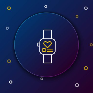 Line Smart saati mavi arkaplanda kalp atışı simgesini gösteriyor. Fitness uygulaması konsepti. Renkli taslak konsepti. Vektör.