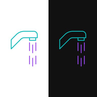 Beyaz ve siyah zemin üzerinde su damlaları akan ikon içeren çizgi duş başlığı izole edildi. Renkli taslak konsepti. Vektör.