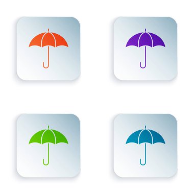 Beyaz arkaplanda izole edilmiş renkli Şemsiye simgesi. Sigorta konsepti. Su geçirmez ikon. Koruma, güvenlik, güvenlik kavramı. Kare düğmelere renkli simgeleri yerleştir. Vektör.