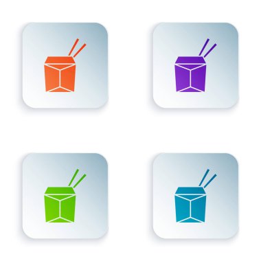 Kağıt kutuda renkli Asya erişteleri ve beyaz arka planda izole edilmiş yemek çubukları ikonu. Sokak yemeği. Kore, Japon, Çin yemekleri. Kare düğmelere renkli simgeleri yerleştir. Vektör.