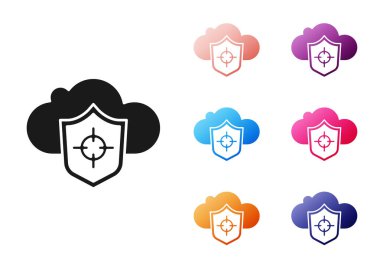 Siyah Bulut ve kalkan simgesi beyaz arka planda izole edildi. Bulut depolama veri koruması. Güvenlik, güvenlik, koruma, gizlilik kavramı. Simgeleri renklendirin. Vektör.