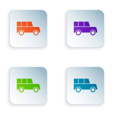 Beyaz arkaplanda izole edilmiş renkli araba simgesi. Ön manzara. Kare düğmelere renkli simgeleri yerleştir. Vektör.