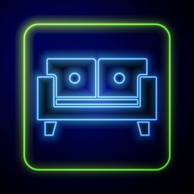 Parlayan neon kanepe simgesi mavi arkaplanda izole edildi. Vektör.