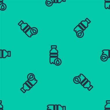 Mavi çizgili bir şişe su ikonu yeşil arka planda izole edilmiş pürüzsüz desen. Soda su içme tabelası. Vektör.