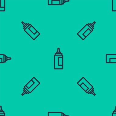 Mavi çizgili sos şişesi ikonu yeşil arka planda kusursuz desen izole etti. Ketçap, hardal ve fast food için soslu mayonez şişeleri. Vektör.