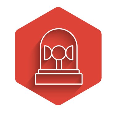 Beyaz çizgi Flasher siren ikonu uzun gölgeli izole edilmiş. Acil durum sireni. Kırmızı altıgen düğmesi. Vektör.