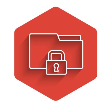 Beyaz çizgi dizini ve kilit simgesi uzun gölgeli izole edildi. Kapalı dosya ve asma kilit. Güvenlik, güvenlik, koruma kavramı. Kırmızı altıgen düğmesi. Vektör.