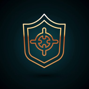 Koyu mavi arka planda altın çizgi kalkan simgesi izole edildi. Gardiyan. Güvenlik, güvenlik, koruma, gizlilik kavramı. Vektör.