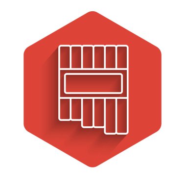 Beyaz çizgi Pan flüt ikonu uzun gölgeli izole edilmiş. Geleneksel Peru müzik aleti. Zampona. Peru, Bolivya ve Meksika 'dan halk enstrümanı. Kırmızı altıgen düğmesi. Vektör.