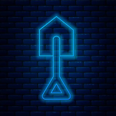 Parlayan neon çizgili kürek ikonu tuğla duvar arkasında izole edilmiş. Bahçe aletleri. Bahçecilik, tarım, çiftçilik aleti. Vektör.