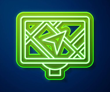 Mavi arkaplanda izole edilmiş harita simgesiyle parlayan neon hattı GPS cihazı. Vektör.