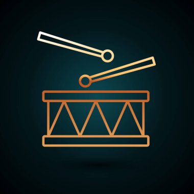 Koyu mavi arka planda sarı çizgili davul çubukları simgesi izole edilmiş. Müzik işareti. Müzik aleti sembolü. Vektör.