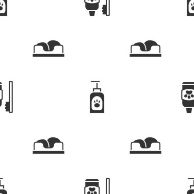 Evcil hayvanlar için diş hijyenini, evcil hayvan şampuanını ve yatağını kusursuz bir şekilde ayarla. Vektör.