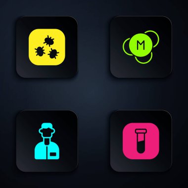 Test tüpü, matara, bakteri, laboratuvar asistanı ve molekülü hazırlayın. Siyah kare düğme. Vektör.