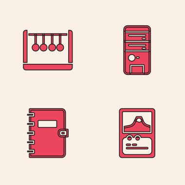 Kart oyunu, Sarkaç, Bilgisayar ve Spiral dizüstü bilgisayar simgesi ayarla. Vektör.