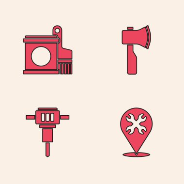 Yeri İngiliz anahtarı, boya kovası ve fırça, tahta balta ve inşaat matkabı ikonu ile ayarlayın. Vektör.