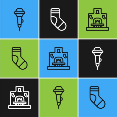 Mikrofon, şömine ve Noel çorabı ikonu. Vektör.