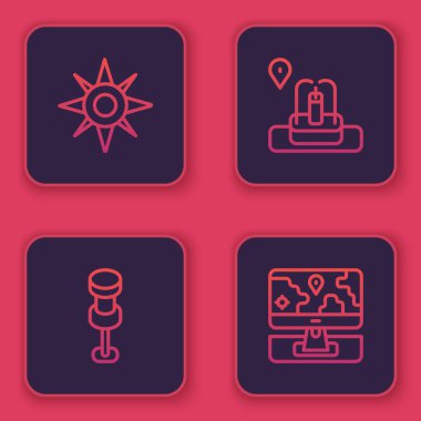 Rüzgar gülünü, pin pimini, çeşmeli konumu ve konumu belirle. Mavi kare düğme. Vektör.