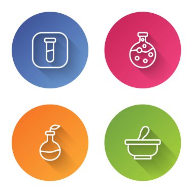 Sınır tüpü ve matara, bitki yetiştirme ve havan topu yerleştirin. Renkli daire düğmesi. Vektör.