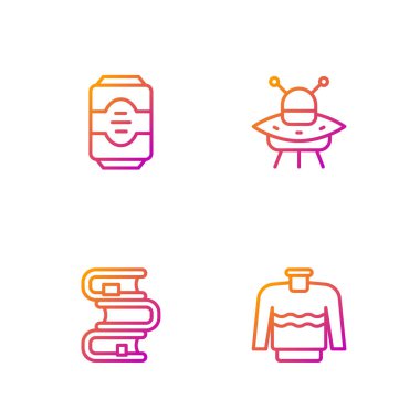 Çizgili Süveter, Kitap, Enerji içeceği ve uçan uzay gemisi. Renk simgeleri. Vektör.