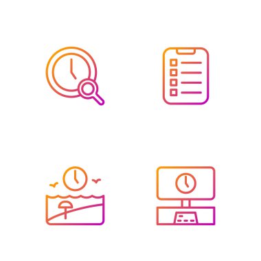 Akıllı TV zamanı, tatil saati, saatli büyüteç ve liste ya da planlama. Renk simgeleri. Vektör.