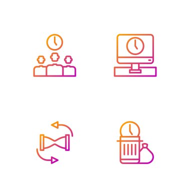 Zaman kaybı, kum saatli eski kum saati, zaman yönetimi ve monitör. Renk simgeleri. Vektör.