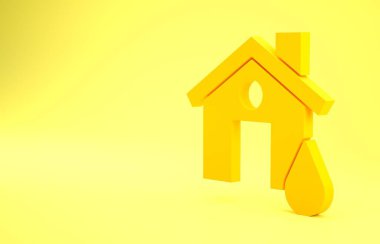 Sarı Ev sel ikonu sarı arka planda izole edildi. Suyun altındaki evi sel basıyor. Sigorta konsepti. Güvenlik, güvenlik, koruma, konsept koruma. Minimalizm kavramı. 3d illüstrasyon 3B canlandırma.