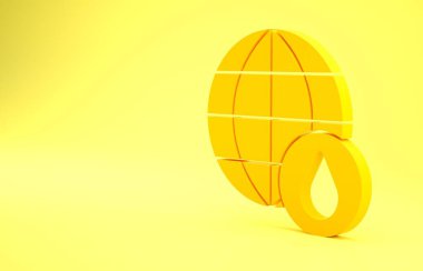 Sarı yeryüzü gezegeninin su damlası ikonu sarı arka planda izole edildi. Dünya küresi. Su tasarrufu ve dünya çevre koruma. Minimalizm kavramı. 3d illüstrasyon 3B canlandırma.