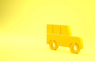 Sarı Araba simgesi sarı arkaplanda izole edildi. Ön manzara. Minimalizm kavramı. 3d illüstrasyon 3B canlandırma.