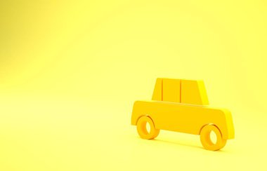 Sarı Araba simgesi sarı arkaplanda izole edildi. Ön manzara. Minimalizm kavramı. 3d illüstrasyon 3B canlandırma.