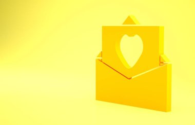 Sarı zarf, sarı arka planda izole edilmiş sevgililer günü kalp ikonu. Mesaj aşkım. Aşk ve romantizm mektubu. Minimalizm kavramı. 3d illüstrasyon 3B canlandırma.