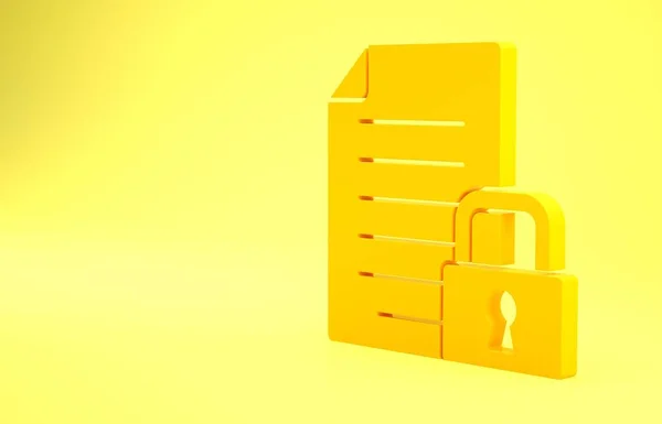Yellow Document and lock icon isolated on yellow background. File format and padlock. Security, safety, protection concept. Minimalism concept. 3d illustration 3D render.