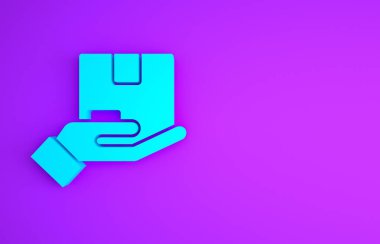 Mavi Teslimat sigorta ikonu mor arka planda izole edilmiş. Kalkanın ötesinde sigorta kutuları var. Minimalizm kavramı. 3d illüstrasyon 3B canlandırma.