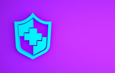 Mavi Hayat Sigortası, mor arka planda izole edilmiş bir kalkan ikonu. Güvenlik, güvenlik, koruma, konsept koruma. Minimalizm kavramı. 3d illüstrasyon 3B canlandırma.