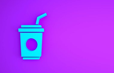 Mor arka planda izole edilmiş pipet ve su ikonu içen mavi kağıt bardak. Soda bardağı. Taze soğuk içecek sembolü. Minimalizm kavramı. 3d illüstrasyon 3B canlandırma.