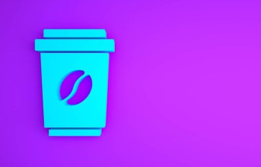 Mavi kahve fincanı mor arka planda izole edilmiş bir ikon haline gelecek. Minimalizm kavramı. 3d illüstrasyon 3B canlandırma.